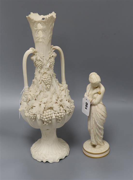 A Royal Worcester parian figure of Joy, heightened in gilt, impressed mark to base, H 15.5cm and a parian vase